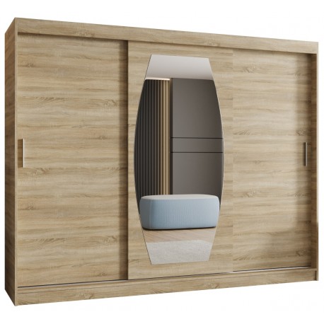 Szafa przesuwna trzydrzwiowa garderoba z lustrem i drążkami ROSSA 250 artisan, biały, czarny, kaszmir, sonoma, orzech